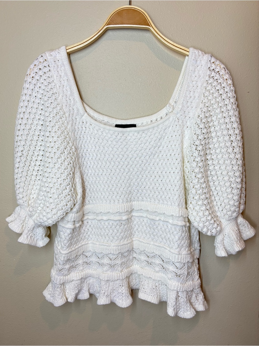 Vici White Knit Scoop-Neck Puff Sleeve Crochet Top with Ruffle Hem, 100% cotton